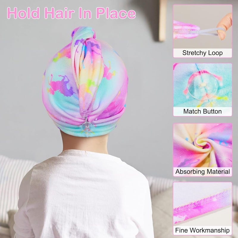 Basumee Microfiber Hair Towel Wrap for Kids 2 Pack Rapid Drying Hair Towel with Button Hair Turbans for Wet Hair Wraps Head Towel Wrap for Women and Girls, Colorful Unicorn - Image 4